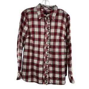 Talbots Women's Plaid Button Up Top Long Sleeve Red/Multi Size LP Ruffle